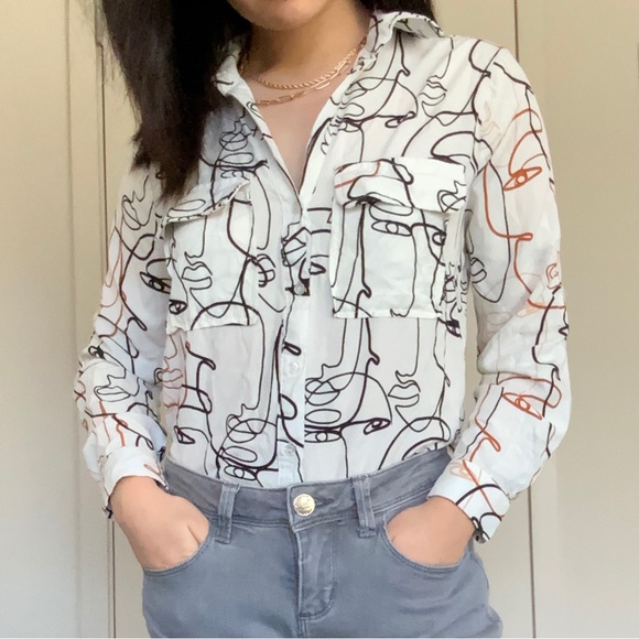 Face Line Art Print Button Up Blouse - Picture 1 of 3